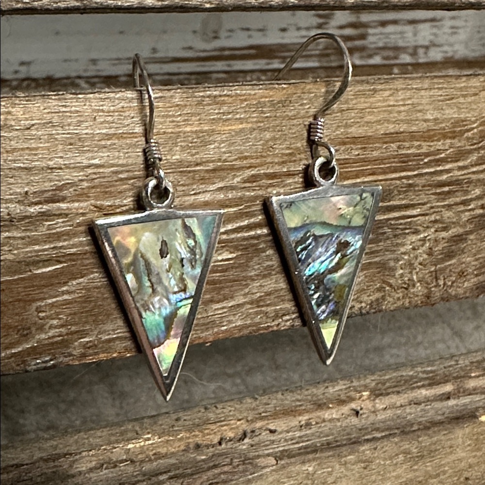 Sterling silver abalone euc 925 solid triangle dangle french wire shell earrings